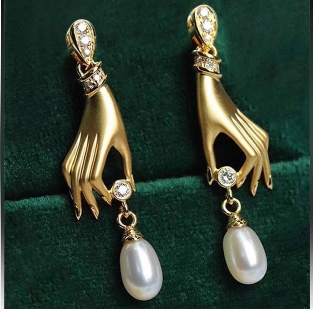 Victorian Gold Hand Motif Pearl Earrings